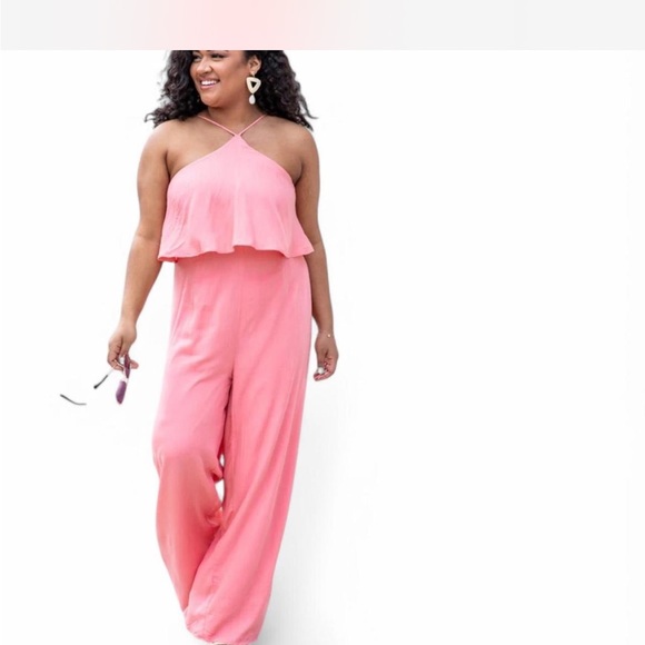 NWT coral hot neon Pink halter wide leg Jumpsuit - Picture 1 of 7